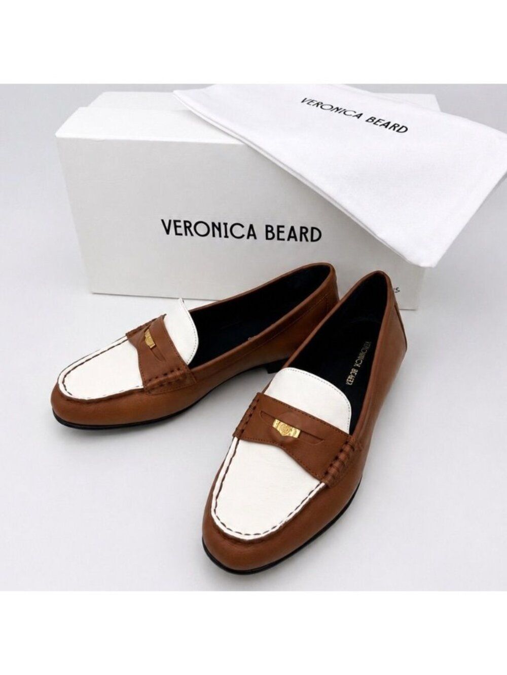 Veronica Beard $350 Penny-2 Two Tone Caramel Lily Leather Loafers Womens Size 7 - Picture 2 of 7